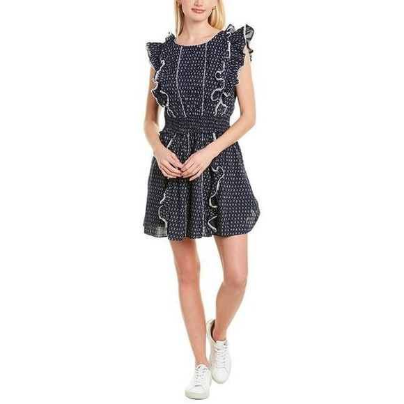 REBECCA TAYLOR Womens Red Smocked Pleated Lined Printed Short Sleeve Split Above The Knee Fit + Flare Dress main image 1